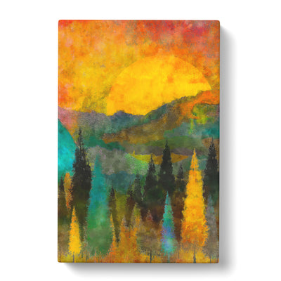 Sun Setting Behind An Autumn Forest Painting Canvas Print Main Image