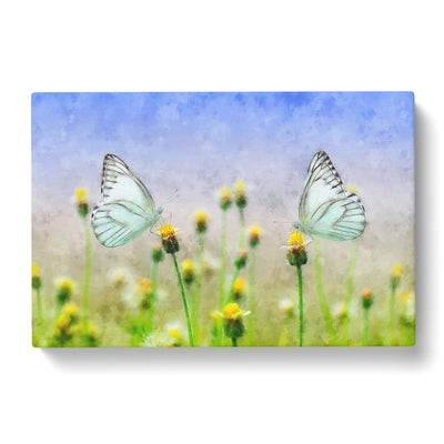 Two Butterflies Upon Yellow Flowers Painting Canvas Print Main Image