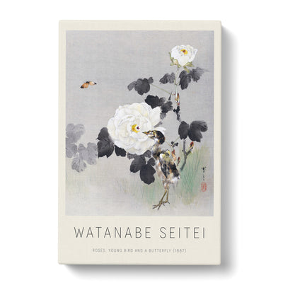 Young Bird & Butterfly Print By The Roses Print By Watanabe Seitei Canvas Print Main Image