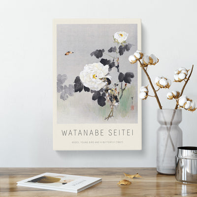 Young Bird & Butterfly Print By The Roses Print By Watanabe Seitei