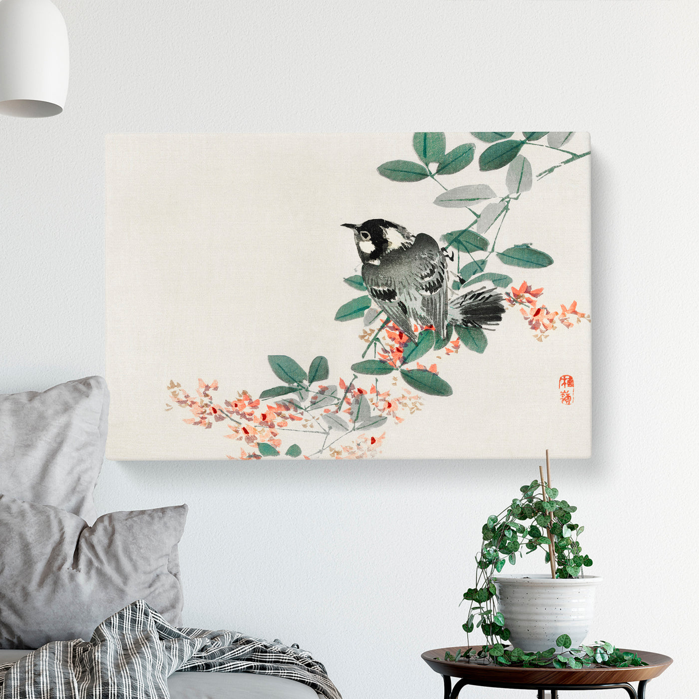 Chickadee Bird With Orange Flowers By Kono Bairei