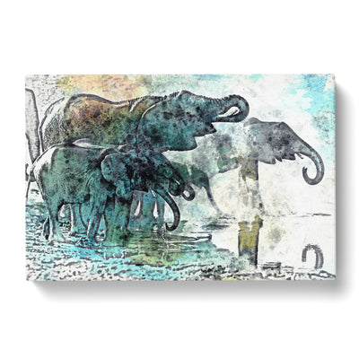 Elephants At The Waterhole In Abstract Canvas Print Main Image