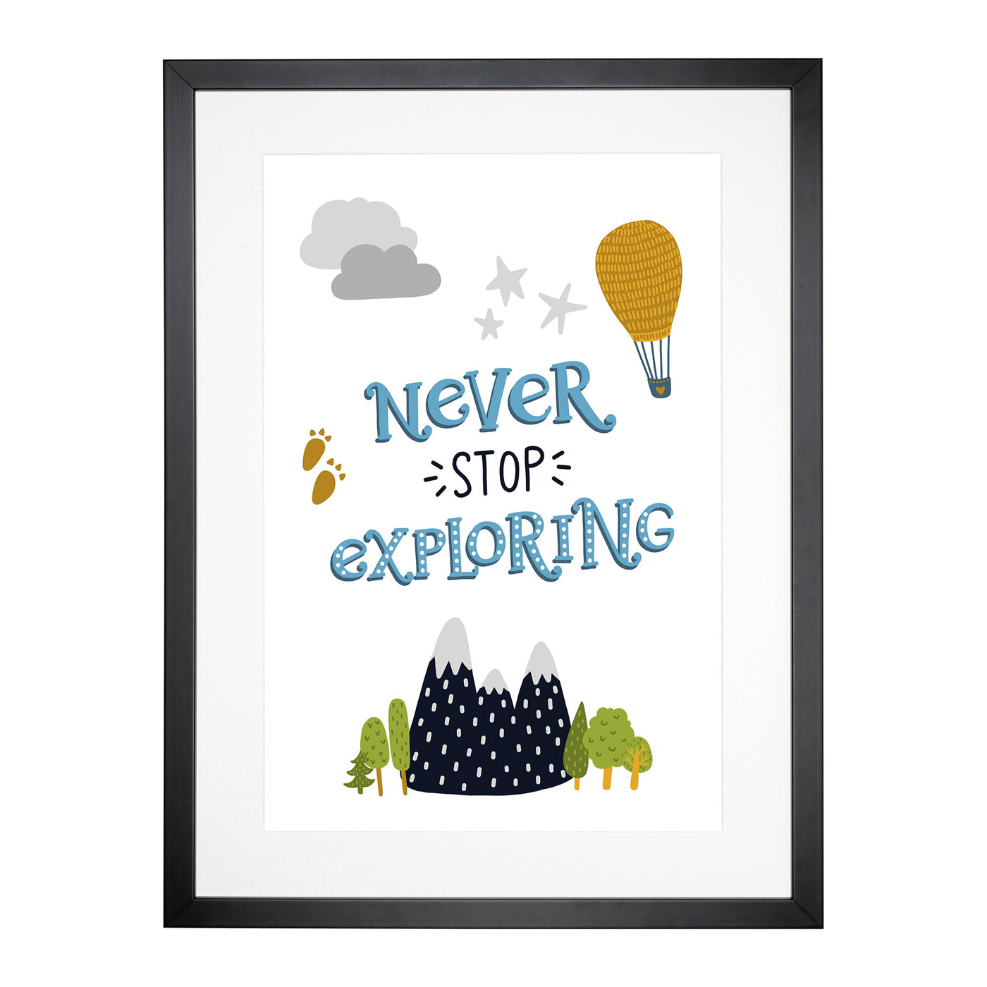 Never Stop Exploring Typography Framed Print Main Image