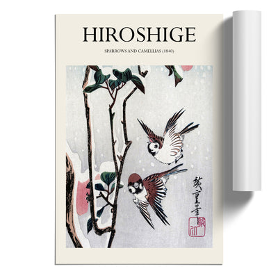 Sparrows And Camellias Print By Utagawa Hiroshige