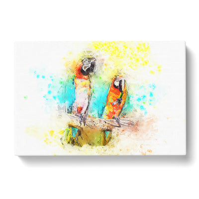 Two Macaw Parrots On A Branch In Abstract Canvas Print Main Image