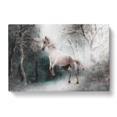 White Horse Rearing In A Winter Forest Painting Canvas Print Main Image