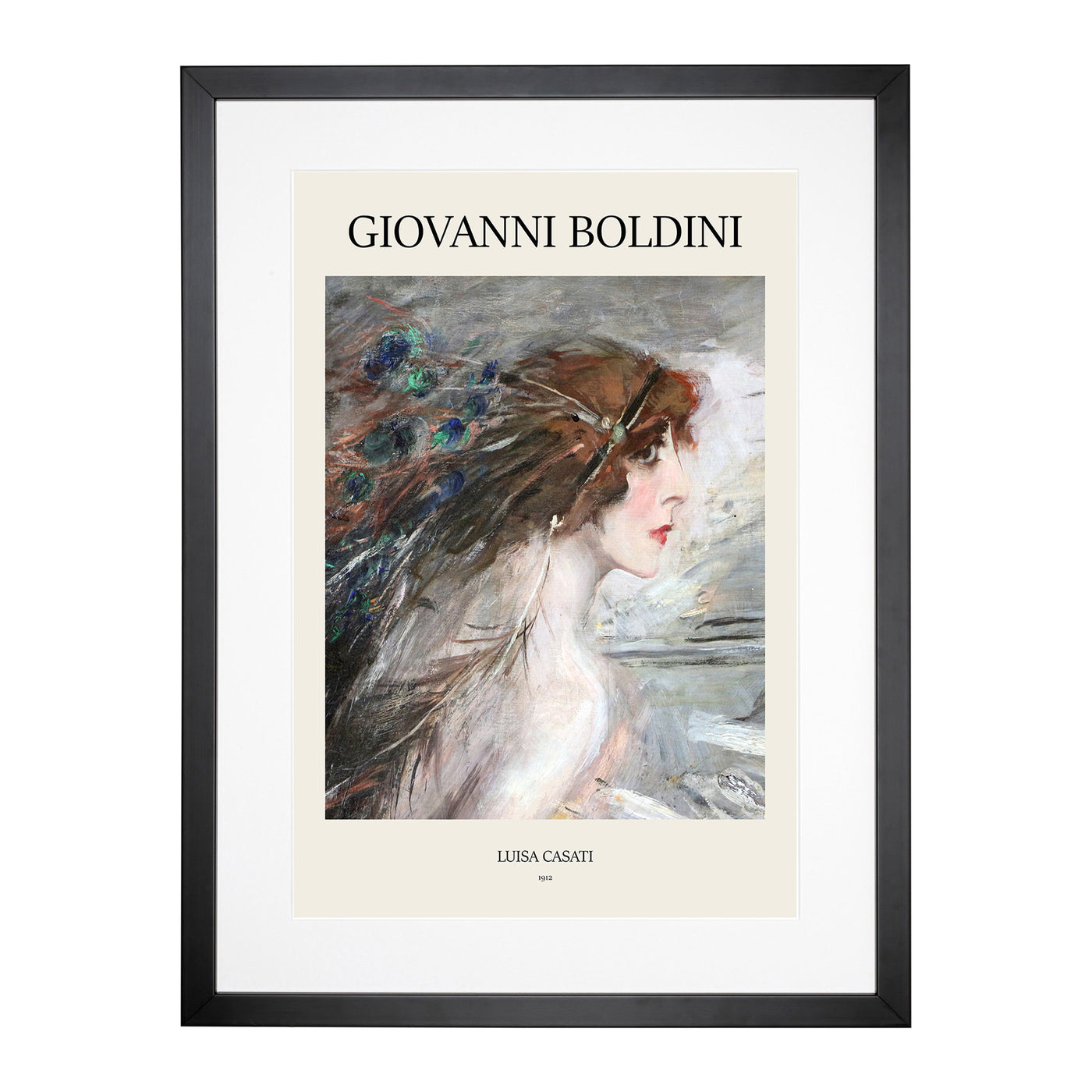 Woman With Peacock Feathers Print By Giovanni Boldini Framed Print Main Image