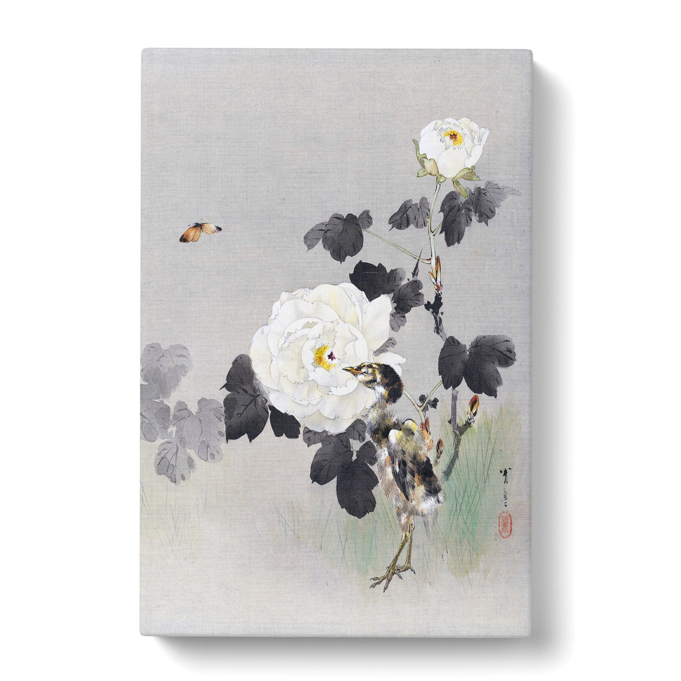 Young Bird & Butterfly By The Roses By Watanabe Seitei Canvas Print Main Image